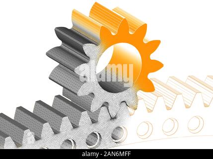 Zahnrad und Zahnrad 3D-Finite-Elemente-Analyse mesh in weißem Hintergrund Stockfoto