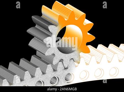 Zahnrad und Zahnrad 3D-Finite-Elemente-Analyse Gitter in schwarz hintergrund Stockfoto