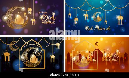 Vier Hintergründe für muslimische Festival Eid Mubarak Abbildung Stock Vektor