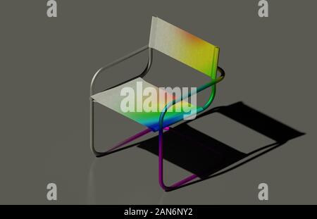 Eine Terrasse stuhl 3D Rendering, seine Bauteilnetz und indikativen Auslenkung Mapping von Finite Element Analyse auf grauem Hintergrund Stockfoto