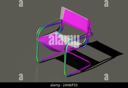 Eine Terrasse stuhl 3D Rendering, seine Bauteilnetz und indikativen stress Mapping und Verformungen von Finite Element Analyse auf grauem Hintergrund Stockfoto