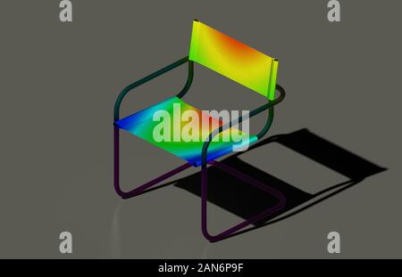 Eine Terrasse stuhl 3D Rendering, seine Bauteilnetz und indikativen Auslenkung Mapping von Finite Element Analyse auf grauem Hintergrund Stockfoto