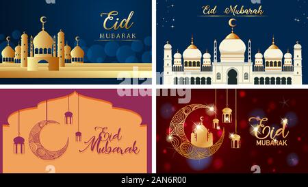 Vier Hintergründe für muslimische Festival Eid Mubarak Abbildung Stock Vektor