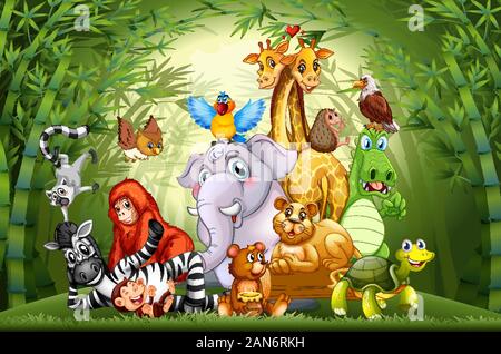 Viele süße Tiere im Bambuswald Abbildung Stock Vektor