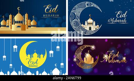Vier Hintergründe für muslimische Festival Eid Mubarak Abbildung Stock Vektor