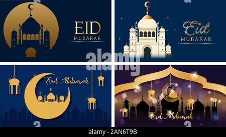 Vier Hintergründe für muslimische Festival Eid Mubarak Abbildung Stock Vektor