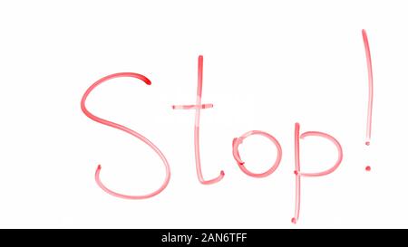 Stop Ausrufezeichen auf Glas, Protest gegen Korruption, Verbrechen und Krieg geschrieben Stockfoto