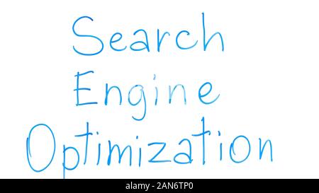 Search Engine Optimization Phrase auf Glas geschrieben, internet Marketing Strategie Stockfoto