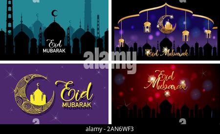 Vier Hintergründe für muslimische Festival Eid Mubarak Abbildung Stock Vektor