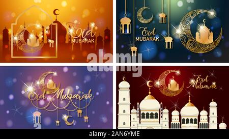Vier Hintergründe für muslimische Festival Eid Mubarak Abbildung Stock Vektor