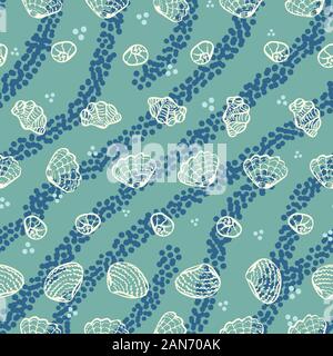 Die nahtlose Vektor Muster mit weißen Muscheln und blauen Streifen auf einem aqua grün Hintergrund Stock Vektor