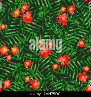 Aquarell tropischen Palmen Blätter mit roten exotische Blumen nahtlose Muster. Wiederholen Dschungel Hintergrund grün rot schwarz. Abbildung gezeichnet Stockfoto