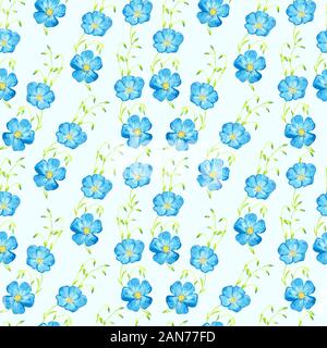 Linum perenne (mehrjährig Flachs, blau Flachs, lint) blaue Blumen auf grünem Stängel mit Blüten, Handgemalten Aquarell Illustration, nahtlose Muster Stockfoto