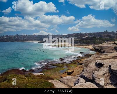 Sonnenanbeter und Schwimmer auf der Nähe: Tamarama Beach in Sydney, Australien Stockfoto