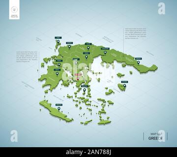 Stilisierte Karte von Griechenland. Isometrische 3D-grüne Karte mit Städten, Ländergrenzen, Hauptstadt Athen, Regionen. Vector Illustration. Bearbeitbare Layer deutlich gekennzeichnet. En Stock Vektor