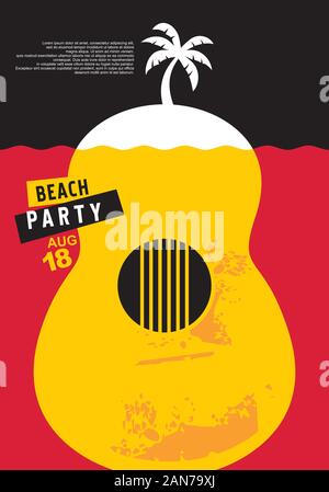 Beach Party Einladung Design mit Palme und akustischer Gitarre unter dem Meer. Meer und im Sommer Urlaub in den Tropen Konzept. Musik, Spaß und Tanz. Stock Vektor