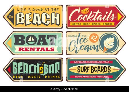 Sommer zeichen Sammlung. Strand, Cocktails, Eis, Bootsverleih, Beach Bar, Surfbretter. Saisonale Plakate und Schilder Sammlung. Retro Vektor. Stock Vektor