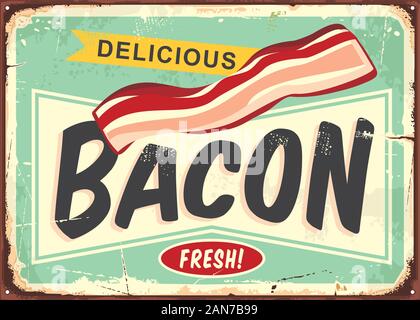 Köstliche Speck retro unterzeichnen. Frisch geräucherten Fleisch Produkt Promo Poster. Vektor Comic-stil Metzgerei shop Abbildung. Stock Vektor