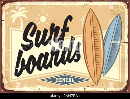 Surfbretter mieten retro Beach anmelden Layout. Sand, Surfen und das Meer tropische Paradies Werbung. Vintage vektor Poster. Stock Vektor
