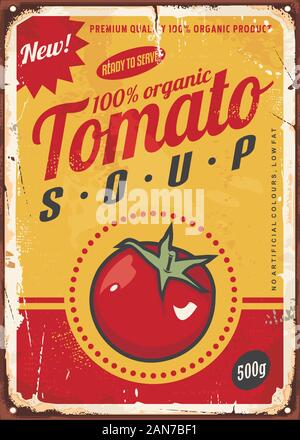 Tomatensuppe vintage Metall zeichen Bild mit saftige rote Tomaten und kreativ Typografie. Werbemittel essen Ad Design Konzept. Vector Illustration Stock Vektor