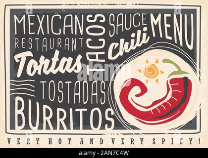 Tacos, Tortas, tostadas, Burritos, Chili, mexikanisches Essen Restaurant Menü Design Konzept. Kreidetafel Menü für heiße und scharfe Speisen. Vector Illustration. Stock Vektor