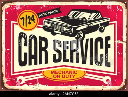 Auto Service vintage Tin Sign. Antik Plakette mit retro Auto auf roten Hintergrund beschädigt. Vector Illustration. Stock Vektor