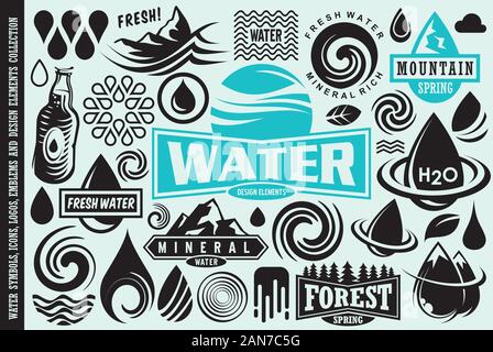 Wasser design Elements Collection. Wassertropfen Icons, Symbole, Logos, Embleme und Schriftzüge Vektor einrichten. Stock Vektor