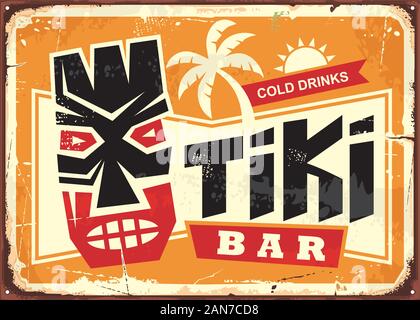 Tiki Bar vintage Tin Sign mit Hawaiian tiki Mask und kreativ Typografie. Essen und Trinken cafe Werbung anmelden. Hawaii Urlaub andenken. Stock Vektor