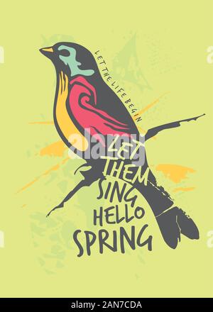 Bunter Vogel Feder Poster oder T-Shirt Design. Hallo Frühling kreative Karte Konzept mit modernen Farben. Vektor Saisonale Banner Idee. Stock Vektor