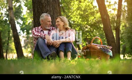 Gerne ältere Paare sitzen auf Gras und romantische Datum, Picknick im Park Stockfoto