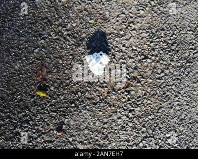 Weiße Herzdekoration liegt auf einer sonnigen Betonstraße, symbolisches Bild von Liebe und Hoffnung Stockfoto