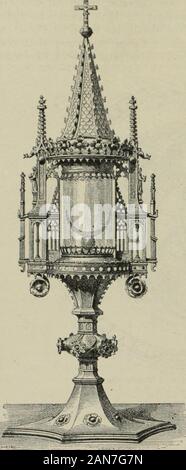 Der christlichen Kunst. Abb. 281. Im beriiwarils-patene Weifenschatz. Patene in Hildesheim, J. Die gothischen Patenen Sindh Orig. einfacher als diesereichen romanischen Prachtstücke. Your Ornamentik beschränkt sich ge- wöhnlich in ein in einen Kreis oder ein vierblatt eingravirtes Agnus Deioder sterben Hand Gottes (Patene im Dom zu Troyes) oder in ein einfachesKreuz am Rand der Platte. Auch fehlt die Ornamentik zuweilen gänzlich. Von den Kelchpatenen verschieden sind Sterben viel grösseren Abendmahls - Schüsseln (ihiiäeriales Patenae"), deren uns jetzt aus dem Rheinland mehrere, dem 1. Stockfoto