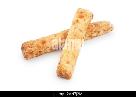 Studio shot von handgemachten Käse Strohhalme schneiden Sie vor einem weißen Hintergrund - Johannes Gollop Stockfoto