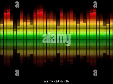 Bunte retro Audio Equalizer bars mit Sound Spektrum Farben von Grün auf Rot auf Schwarz isoliert. Musik oder Dezibel Welle Abbildung. Stockfoto