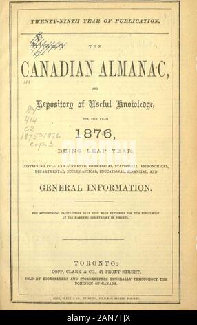 Die kanadische Almanach und Verzeichnis von 1875-1876. HMr^ Hs; OP JWKBii^. Und WOKTmi W1&gt;] ST ITOll TEISl^ ^Ir. 49 COPP. CURKACO. Puhhshers, kanadische iUniiuiac, ich ^m 76. Stockfoto