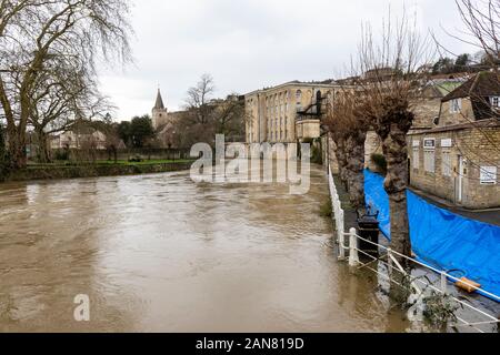Hochwasserbarrieren an Ort Bradford on Avon aus dem geschwollenen Fluss Avon, Wiltshire, Großbritannien am 16. Januar 2020 zu schützen Stockfoto