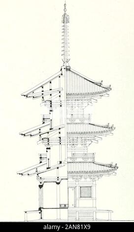 Die Architektur der Kultbauten Japans. Abb. 295. Turm von Muröji in Yainato (Proviuz). Konin-Zeit. Baltzer, Kultbauten. 20 306 Abb. 296. Spitze des Tunnea vou Muröji.. 1:2 Ü 0 2 3^36^8 9. tlarer Stockfoto