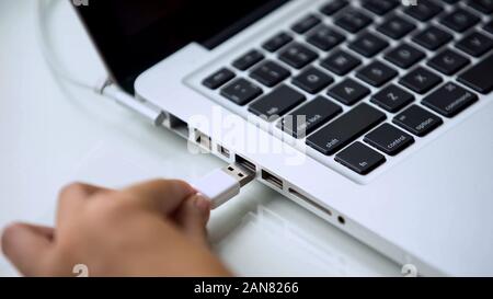 Hand Anschließen von USB-Festplatte auf Laptop, moderne PC-Technologie Stockfoto