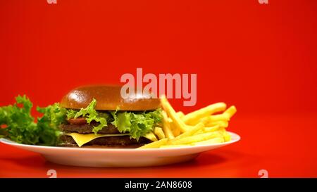 Hamburger mit Pommes Frites und Salat liegen in der Platte, Fast Food Restaurant Stockfoto