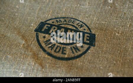 In Frankreich Stempel gedruckt auf Leinen Sack. Fabrik, Herstellung und Produktion land Konzept. Stockfoto