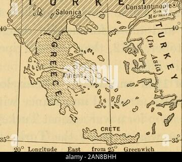 Die moderne Welt, von Karl dem Großen bis in die heutige Zeit; mit einer vorläufigen Umfrage von alten Zeiten. ^ Q^ TP^^ r&gt; Bulgarien/^ JtEGRd. V,/• bofia r^^ CftttlTlIP. (^t^? •^ jAdrianople Si U R K EconXuno&gt;^SaloniLa ^-^ Scutari T.20° LoDgitude Östlich von 25° G; Stockfoto