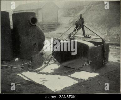 Fabrik- und Industrial Management. IN EIMERN ausgraben. Oben ist eine Hayward 3 Kubikyard Orange Peel von Henry lenkt, Inc. verwendet, die für die Abfüllung für die Pennsylvania Railway, Greenville, N. J. Es Stücke bearbeitet bis zu 5 und t 3 Tonnen. Unten, ein englischer Lokomotive Kran mit Hayward 2 Kubikyard klapphandy Eimer, von S. Pearson & Söhne in der Reinigung eine Mischung aus Lehm und Stein vom Dach des S. N.Y.&L.I. Tunnels verwendet. Die Hayward Co., N.Y. 186 HEBEN UND UMGANG MIT MASCHINEN. 187, dass wenn der Riegel oben mit einer Schaufel oder einem Hammer die palettengewichtvon das Material in der Schaufel kippt es Jus kampfunfähig wird Stockfoto