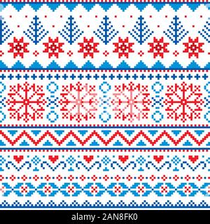 Winter, Weihnachten Fair Isle Stil traditionelle Strickwaren Vektor nahtlose Muster mit Schneeflocken, Bäume und Herzen Stock Vektor