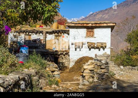 Traditionelle Holzbienen Nesselsucht an der Seite eines Hauses in Dolpo, Nepal Stockfoto