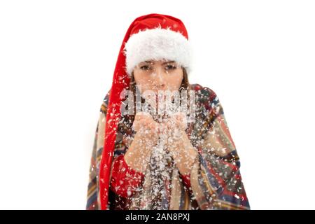 Junge Frau mit einem Weihnachtsmann, ein auf weißem Hintergrund Stockfoto