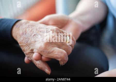 15. Januar 2020, Baden-Württemberg, Böblingen: eine Krankenschwester hält die Hand ein Bewohner in einem Pflegeheim. Foto: Tom Weller/dpa Stockfoto