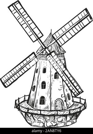 Windmühle. Handgezeichnete Skizze der Vektorgravur im Vintage-Stil. Stock Vektor