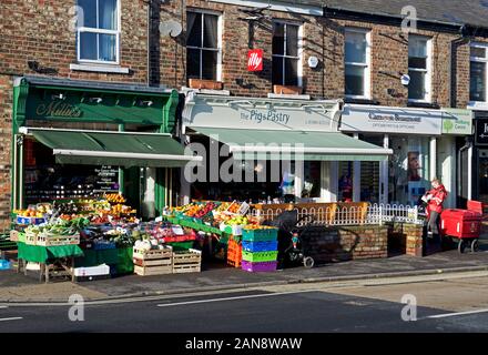 Postwoman Zustellung von Mails zu Geschäften auf Bishopthorpe Road, York, North Yorkshire, England, Großbritannien Stockfoto