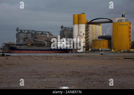 Gelbe Türme fo GBT Sp. O.o. , Danzig Bulk Terminal (GBT) auf der Uferpromenade am Werft Danzig, Gdansk Polen Stockfoto