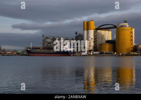 Gelbe Türme fo GBT Sp. O.o. , Danzig Bulk Terminal (GBT) auf der Uferpromenade am Werft Danzig, Gdansk Polen Stockfoto